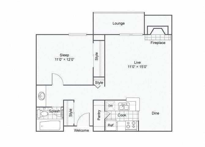 Floor plan for 1 bed, 1 bath, 736 sqft